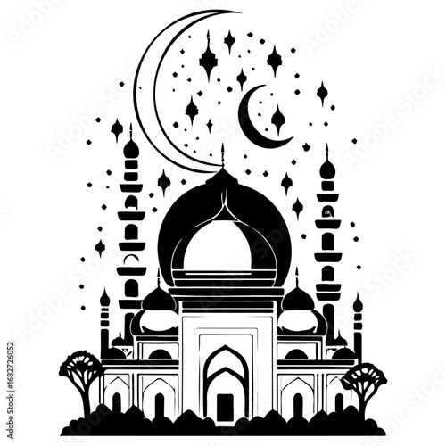 Majestic silhouette portrayal showcasing a detailed mosque under a crescent moon and starry night