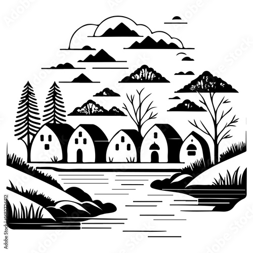 Minimalist riverside village illustration evoking serene landscapes and cozy rural dwelling