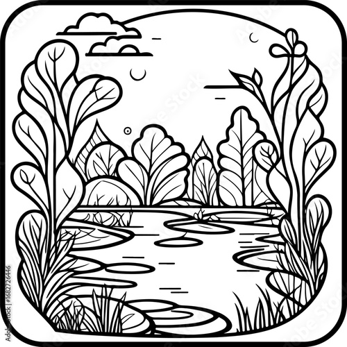 Minimalist tranquil lake illustration showcases serene nature scene with stylized vegetation and