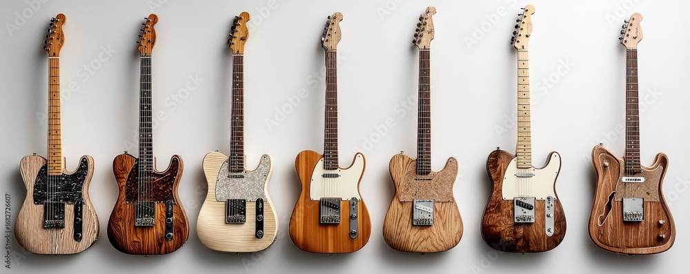 Fototapeta premium There is a row of colorful electric guitars elegantly hanging on a wall