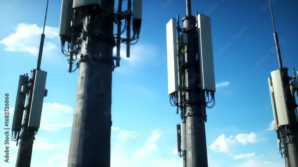 A cinematic low angle fly-through of multiple 5G communication cell towers against a bright blue sky