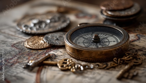 A compass, a key, and some coins are placed on a maps surface