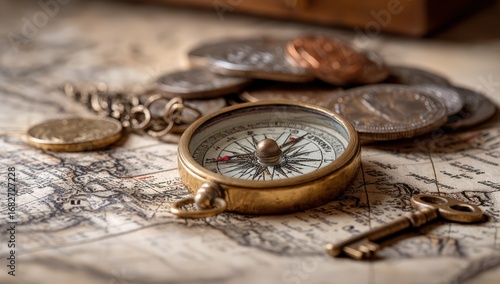 A compass, a key, and some coins are placed on a maps surface