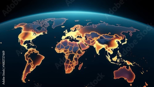Fiery glowing map of Earth highlighting continents