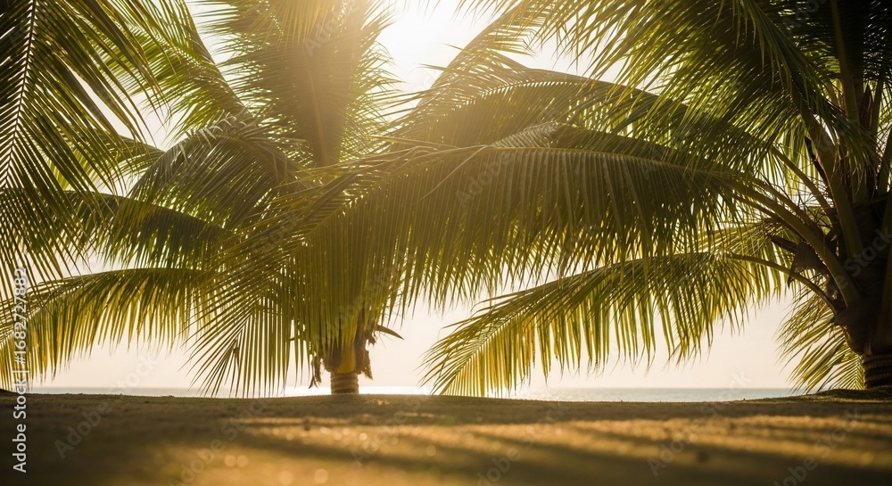 Fototapeta premium Sunlit Palm Trees Frame a Tranquil Beach Scene.