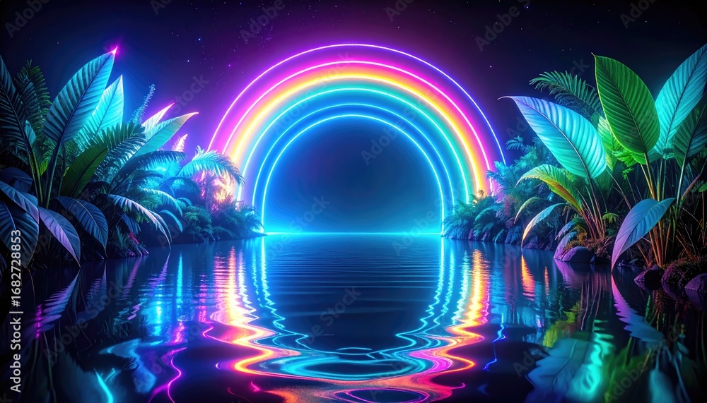 Fototapeta premium Vivid neon rainbow arc reflection on dark water, framed by lush tropical plants, under a night sky