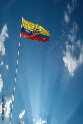 Waving National flag of Ecuador on flagpole in sky