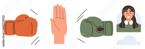 Boxing gloves face open palm gesture representing conflict resolution. Smiling woman signifies agreement and peace. Ideal for teamwork, negotiation, leadership, communication, compromise