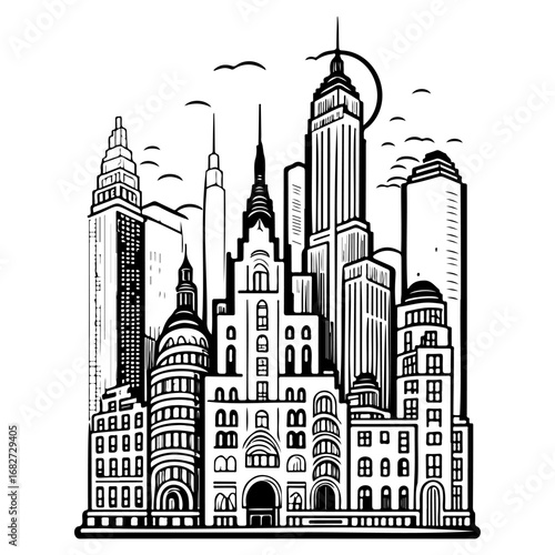 Monochrome cityscape illustration showcases a cluster of architecturally diverse tall structures