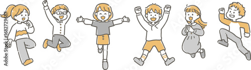 ジャンプする元気な子どもたちのイラストセット
