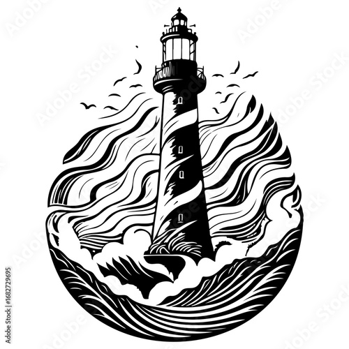 Monochrome coastal beacon amidst stylized ocean waves illustration offers navigational safety and