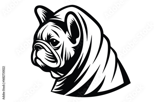 Bulldog Art, Detailed Silhouette of Dog Portrait on White Background