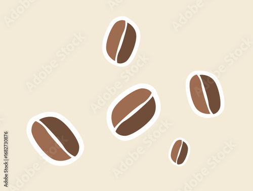 Five coffee beans scattered on a light beige background, each bean featuring a white outline.