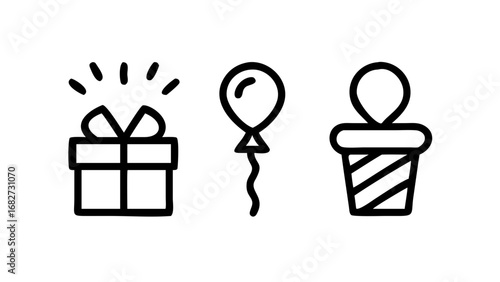 Collection of three simple line art icons representing gifts and celebrations.