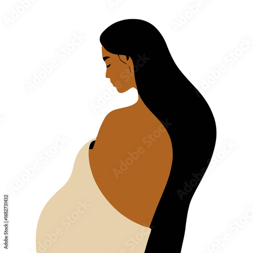 Vector art of beautiful pregnant woman with long dark hair, viewed from the side, wrapped in a lightcolored cloth