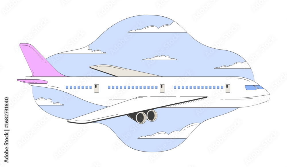 Obraz premium Airplane flying through blue sky and clouds doodle cartoon illustration. Passenger jet soaring. Air travel. Plane flight 2D flat scene isolated on white. Doodleart hand-drawn drawing colorful