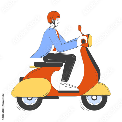 Male commuter riding motor scooter to work doodle cartoon illustration. Helmet corporate man driver commuting on retro moped 2D flat character isolated on white. Doodleart hand-drawn drawing colorful