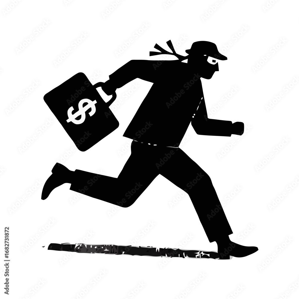 Fototapeta premium Vector art of silhouette of a thief running with a briefcase containing a dollar sign