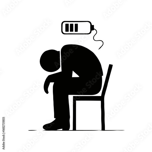 Vector art of silhouette of a person sitting on a chair with their head down, indicating exhaustion, with a low battery icon above them