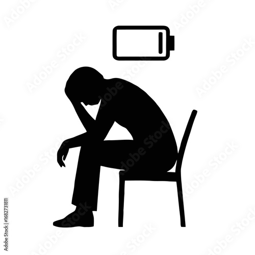 Vector art of silhouette of a person sitting slumped over on a chair with a low battery icon above their head