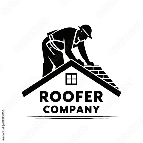 Vector art of silhouette of a roofer working on a house roof