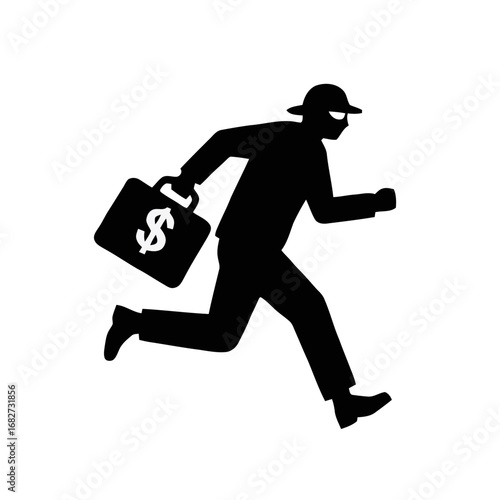 Vector art of silhouette of a thief running with a briefcase containing a dollar sign, isolated on a transparent background, symbolizing crime and financial gain