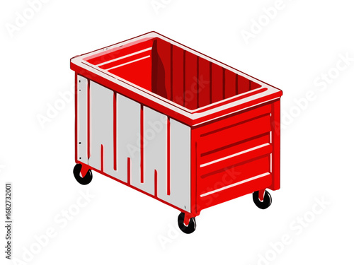 Vector art of red industrial trolley bin with wheels
