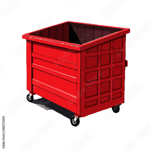 Vector art of a bright red dumpster on wheels, isolated on a transparent background, ready for waste disposal and recycling needs