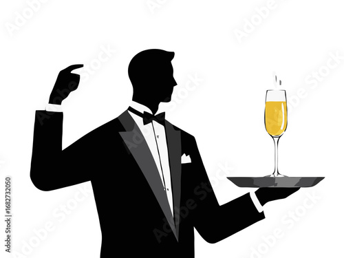 Vector art of elegant silhouette of a waiter in a tuxedo holding a tray with a champagne flute
