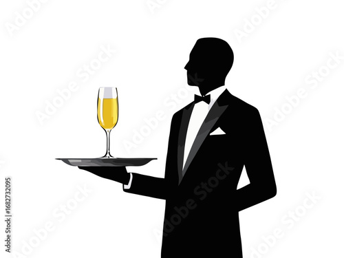 Vector art of elegant waiter in tuxedo holding a tray with a champagne flute filled with bubbly drink
