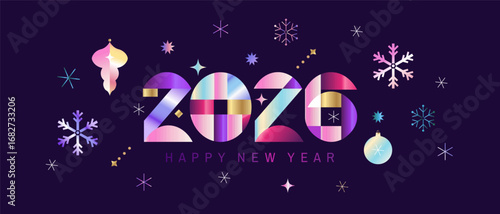 Merry Christmas and Happy New Year 2026 art holiday abstract background template neon gradient  bauhaus design with Gifts, ball toy, christmas tree, snowflake, garland Modern  vector illustration