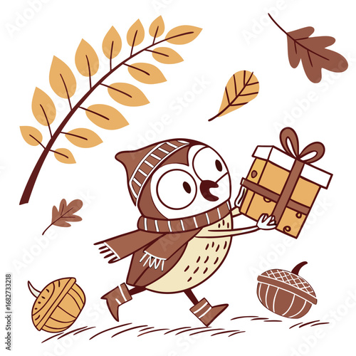 Cute Surprised Owl, accessorized with carrying a gift box, in a Autumn world – Autumn Leaves palette vector
