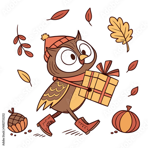 Cute Surprised Owl, accessorized with carrying a gift box, in a Autumn world – Autumn Leaves palette vector