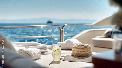 Luxury yacht cruising in open sea on clear summer day