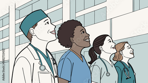 Smiling Diverse Medical Team Looking Upwards with Hope and Future Vision in a Bright Hospital Setting. Healthcare professionals united in optimism.