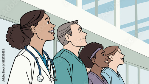 Diverse Healthcare Team Looking Up with Optimism in Modern Hospital Setting