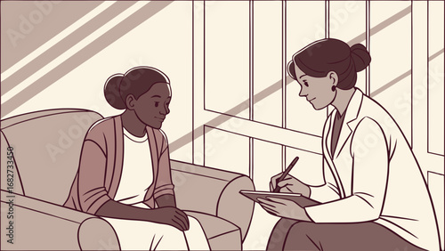Therapy Session Illustration: Woman Consulting with Female Therapist About Mental Health and Well-being in a Professional Office Setting