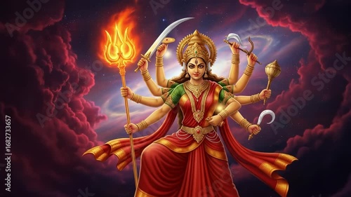Divine maa durga warrior goddess in vibrant red attire with multiple arms and weapons symbolizing power and protection for navratri puja