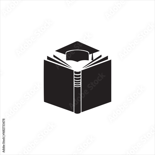 Silhouette of an open book with a mortarboard on top, representing education.