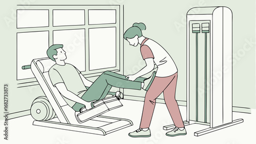Physical Therapy Session: Patient Exercising on Leg Press Machine with Professional Therapist Assistance for Rehabilitation and Recovery