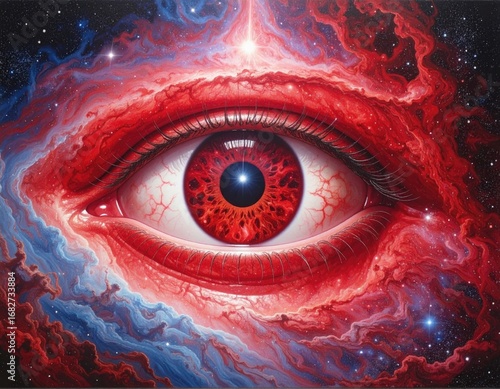 Vivid painting of a large red eye embedded in cosmic nebula, with swirling blues and reds, illuminated by a single bright star