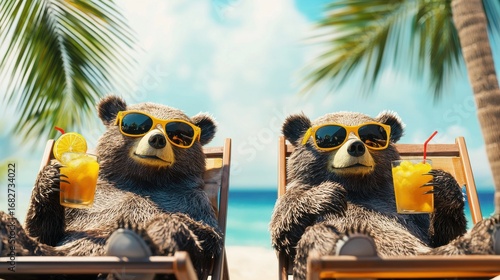 Two bears relaxing on beach with tropical drinks