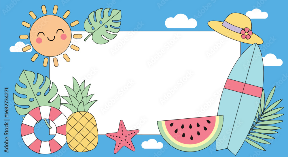 Naklejka premium Adobe Illustrator artwork flat style illustration of summer frame with pineapple, watermelon, surfboard, sun, lifebuoy, starfish, and tropical leaves, perfect for holiday invitations, posters