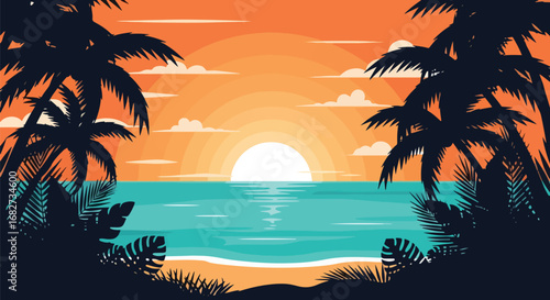 Adobe Illustrator artwork flat style illustration of tropical background with colorful monstera leaves and copy space on dark backdrop, perfect for summer invitations, posters, and party designs