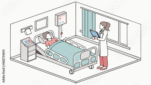 Isometric Hospital Room with Doctor and Patient, Illustrating Healthcare, Medical Consultation, and Recovery Process