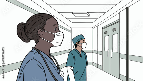 Diverse Medical Team in Face Masks and Scrubs Walking Hospital Hallway Illustration
