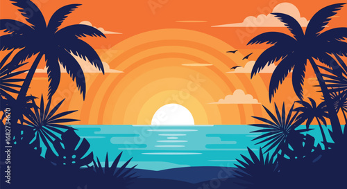 Adobe Illustrator artwork flat style illustration of tropical beach sunset with palm tree silhouettes, ocean waves, and orange sky, perfect for vacation posters, travel ads, and summer backgrounds