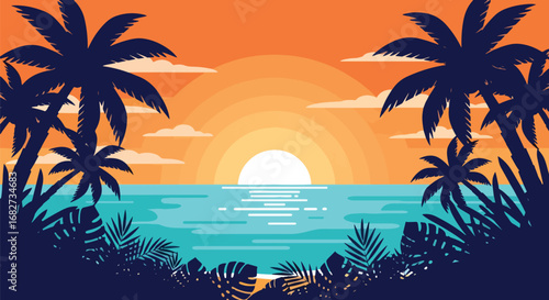Adobe Illustrator artwork flat style illustration of tropical beach sunset with palm tree silhouettes, ocean waves, and orange sky, perfect for vacation posters, travel ads, and summer backgrounds