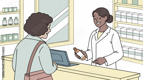 Smiling Pharmacist Assisting Female Customer with Medication at Pharmacy Counter, Healthcare Service and Prescription Pickup Illustration