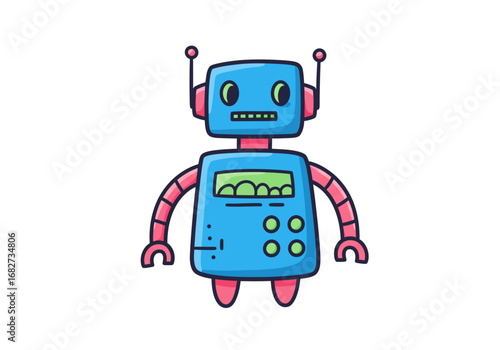 A blue robot with a pink frame antennae screen buttons and clawlike hands stands on a white background